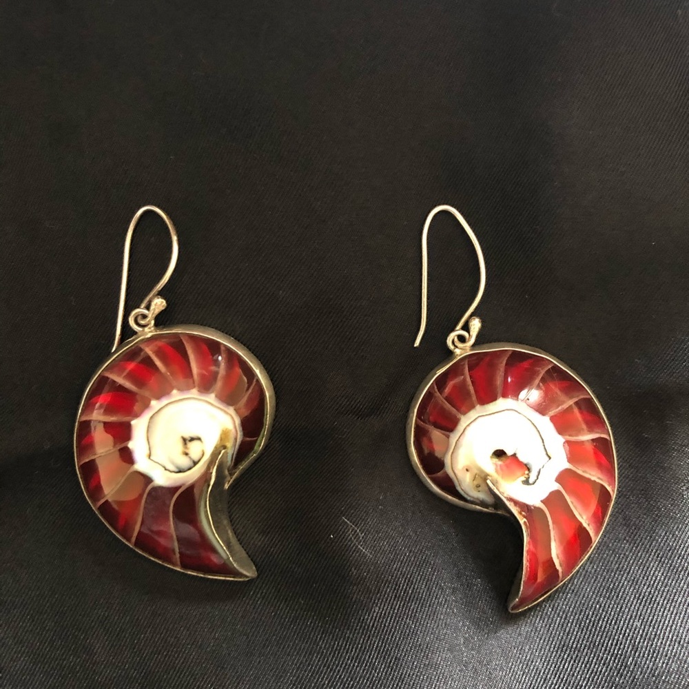 Red nautilus shell silver and glass earrings